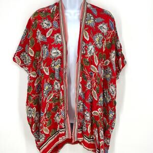 LOFT Red Floral Open Front Kaftan Cover Up Layering Top Size XS